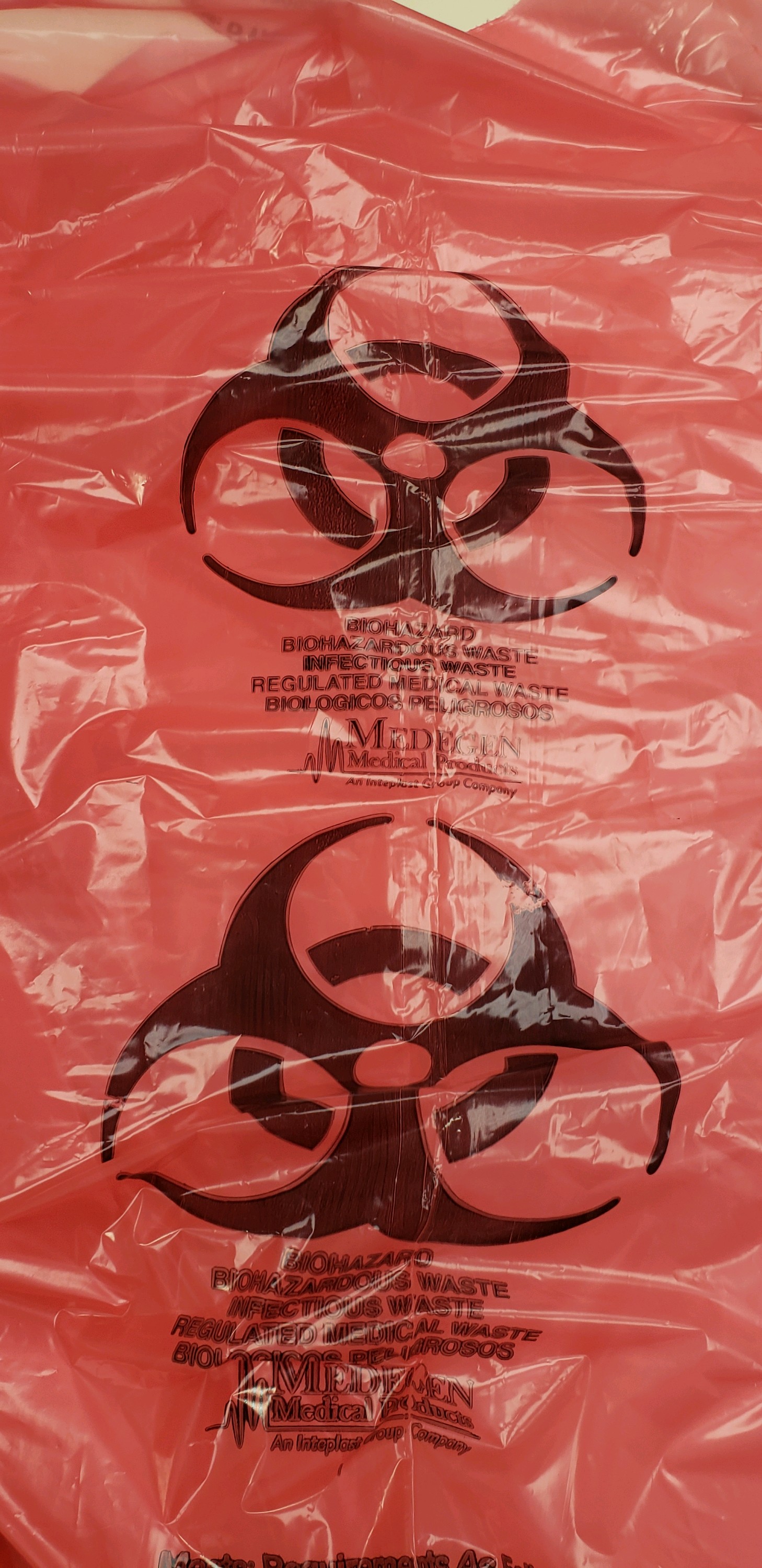 31` x 41` Red Infectious Waste Biohazard Message Low Density Bags, 1.2-mil 